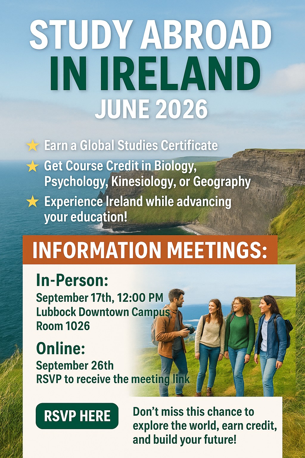 Study Abroad Ireland June 2026 Information Meetings September 17th in-person and Septemebr 26th online RSVP here